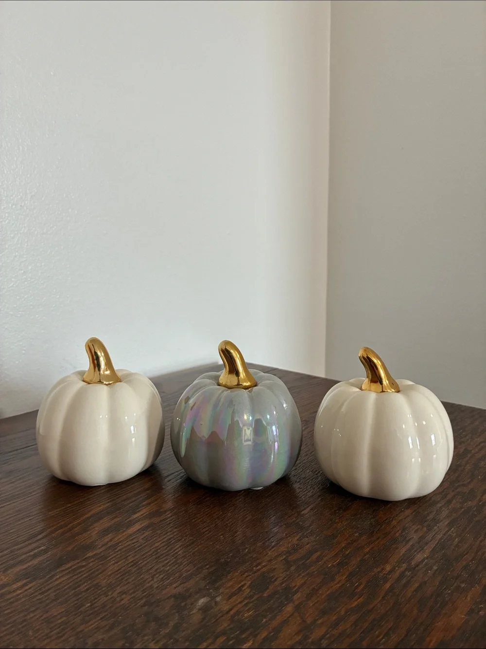 NWT- Set of 3- White & Gray Pearl Iridescent- Ceramic Pumpkins with Gold Stems